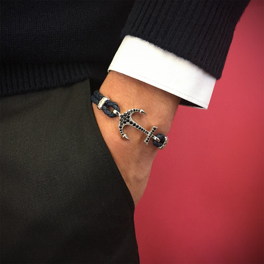 Anchor Leather Bracelet - Solid White Gold - Black Nappa