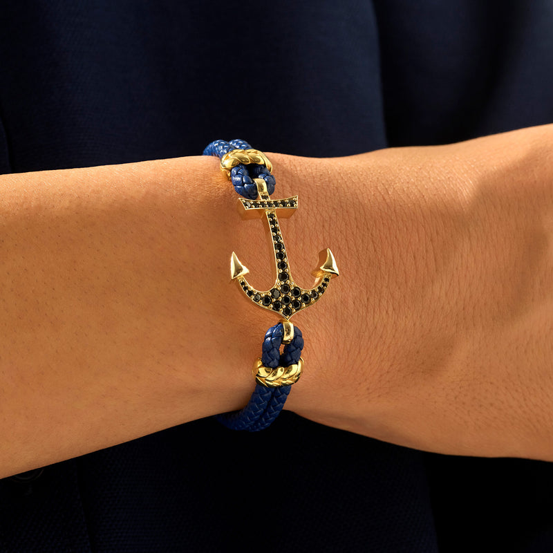 Anchor Leather Bracelet - Solid Yellow Gold