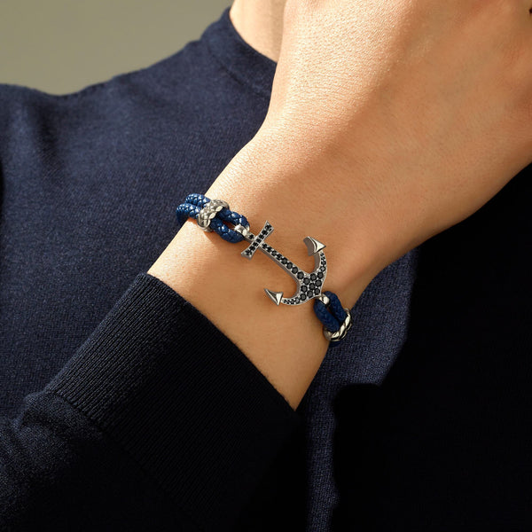 Anchor Leather Bracelet - Solid White Gold