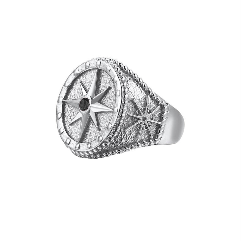 Compass Ring - Solid Silver - Silver - Black Diamond