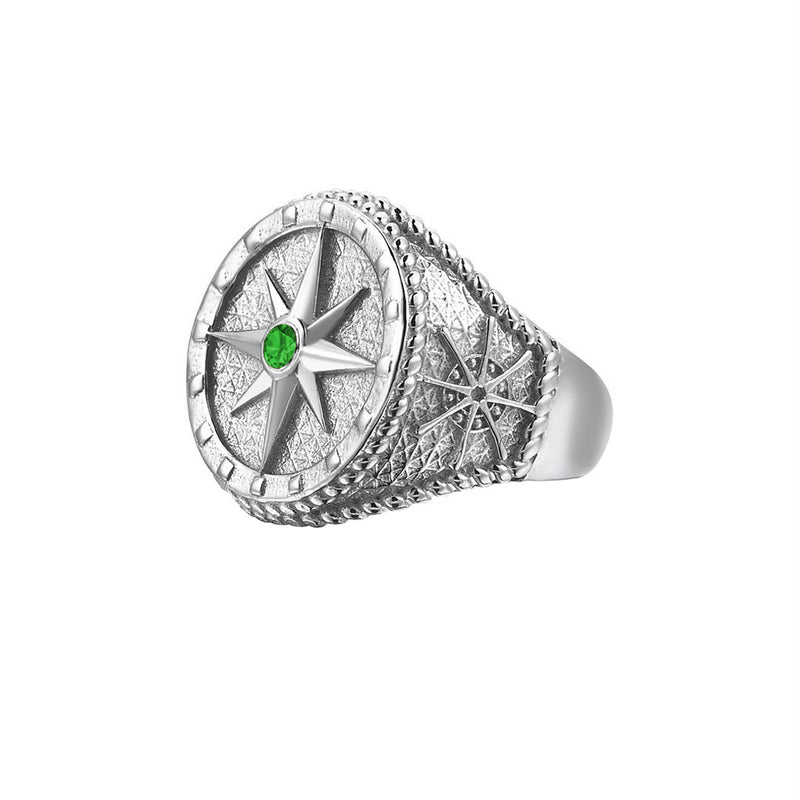 Compass Ring - Solid Silver - Silver - Emerald