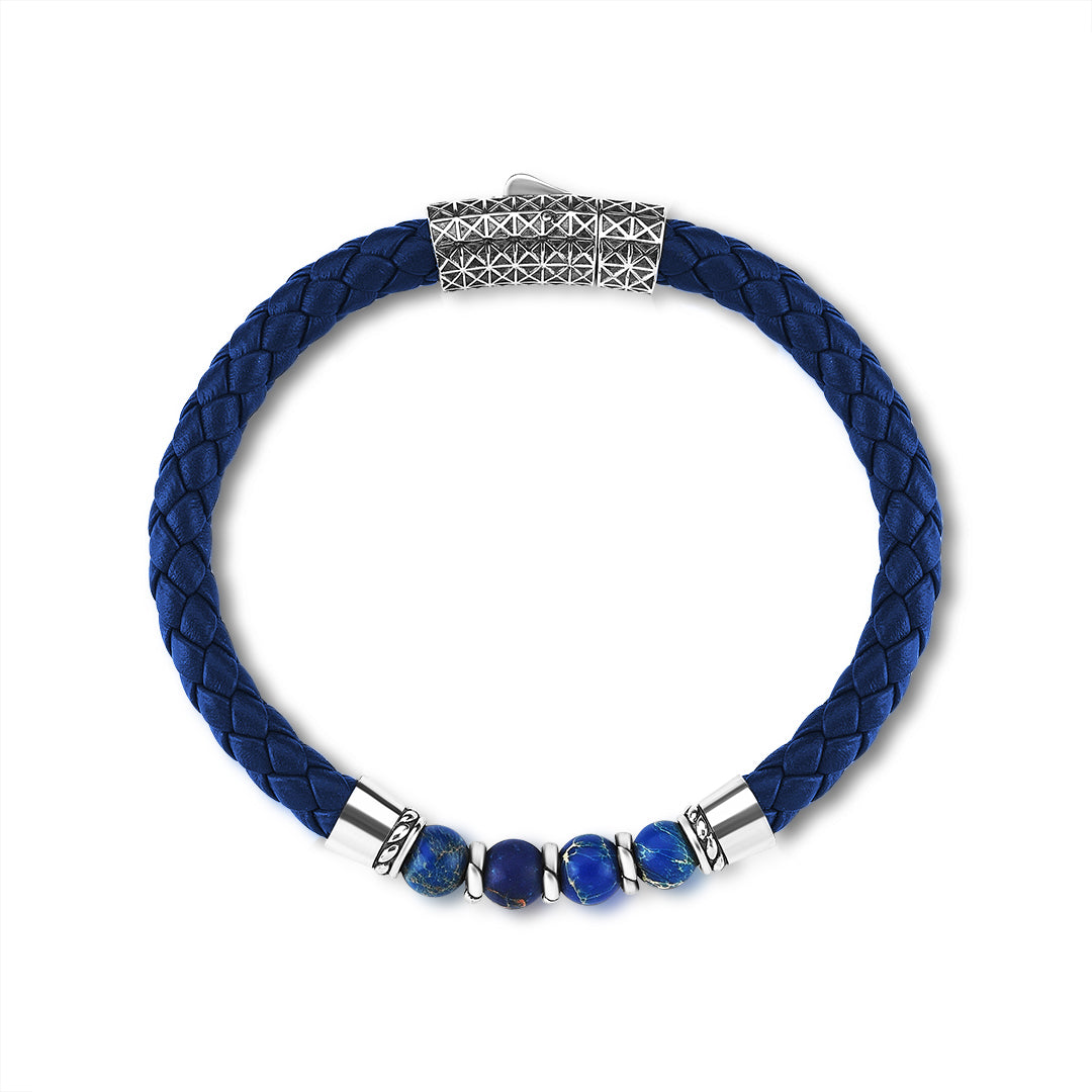 Leather Blue Jasper Beaded Bracelet in Silver