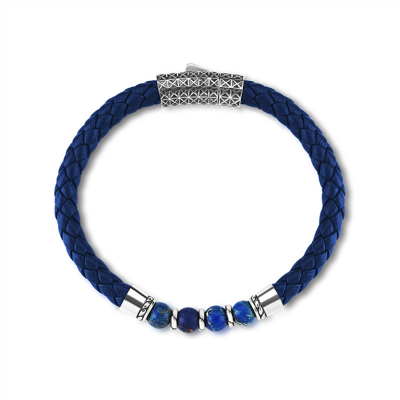 Leather Blue Jasper Beaded Bracelet in Silver