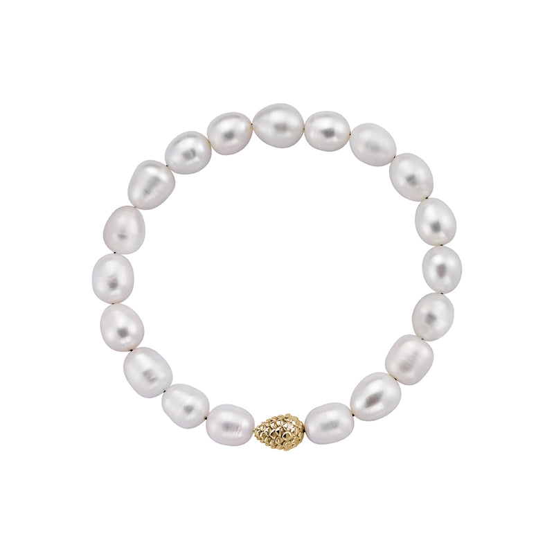Men's Good Luster Baroque Pearl Beaded Bracelet with Solid Silver Pine Cone Details - Yellow Gold