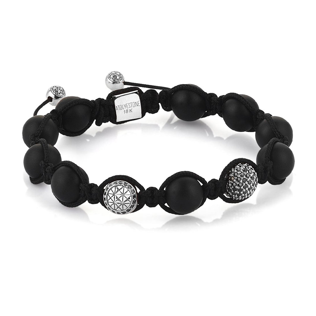 Black Beaded Macrame Bracelet - White Solid Gold - Cubic Zirconia Ball