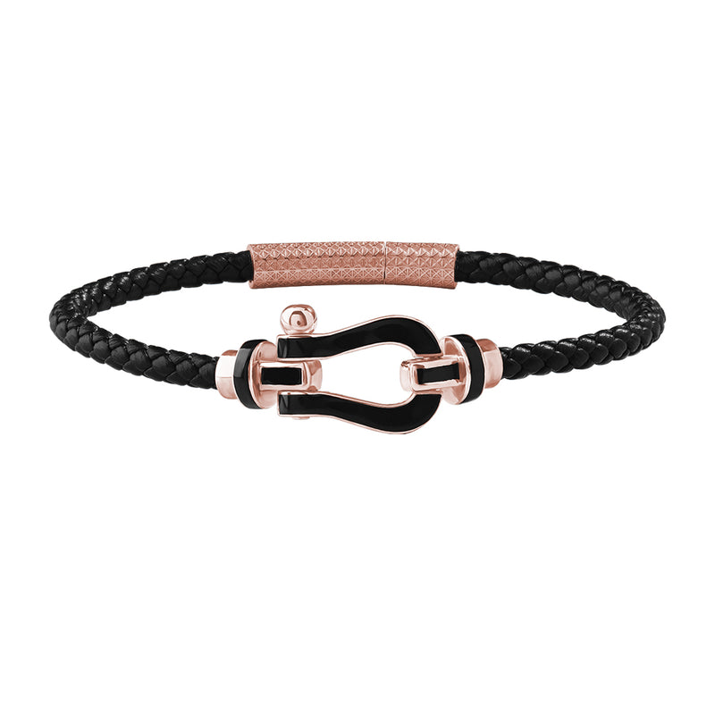 Real Rose Gold Black Enamel Leather Bracelet for Men - Atolyestone