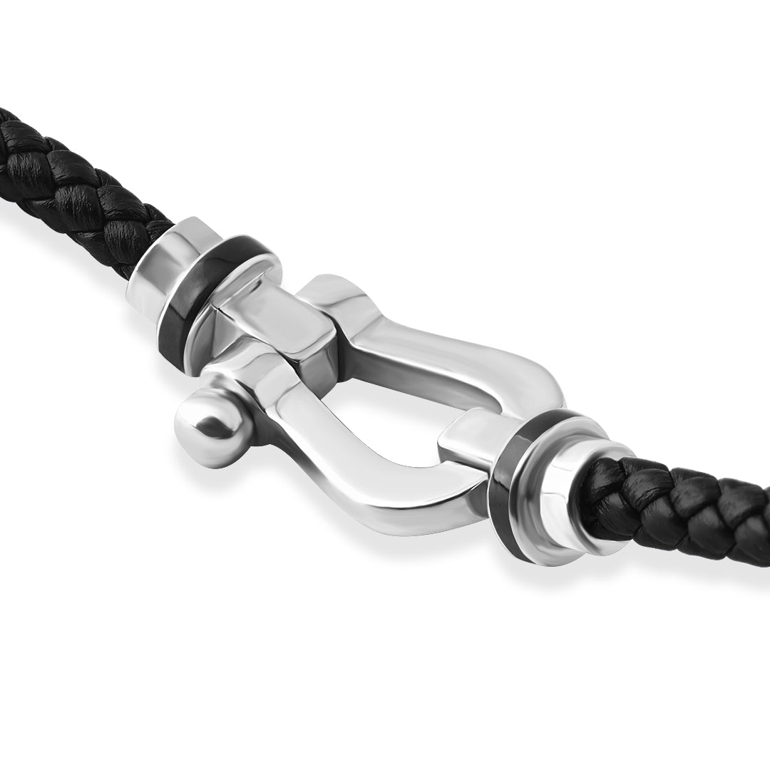 Men's Solid Gold Black Enamel Leather Bracelet - Atolyestone
