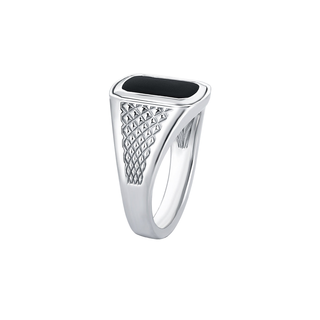 Men's Black Lacquer Finished Pinky Signet Ring with Pyramid Details in 925 Solid Silver