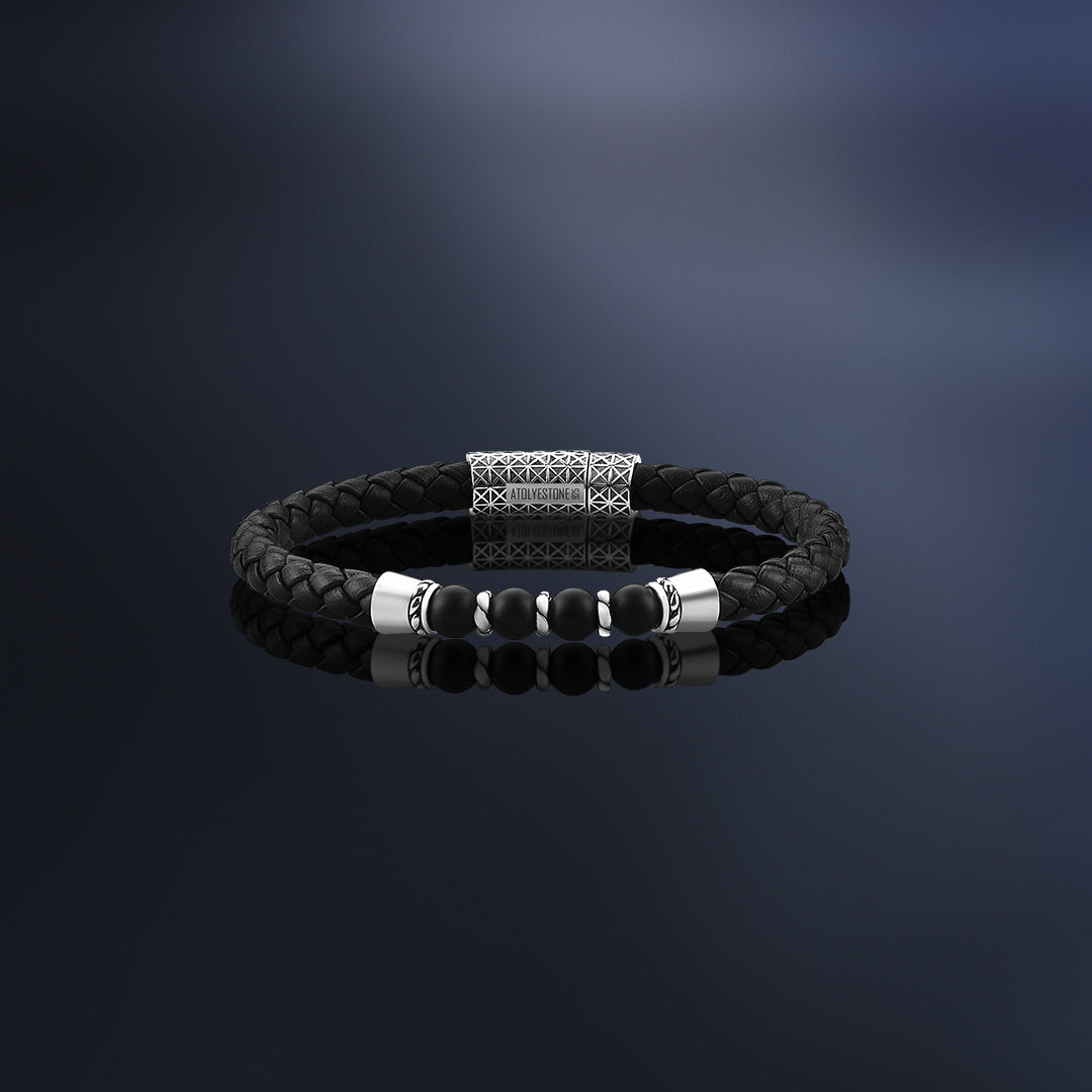 Leather Agate Beaded Bracelet in Silver