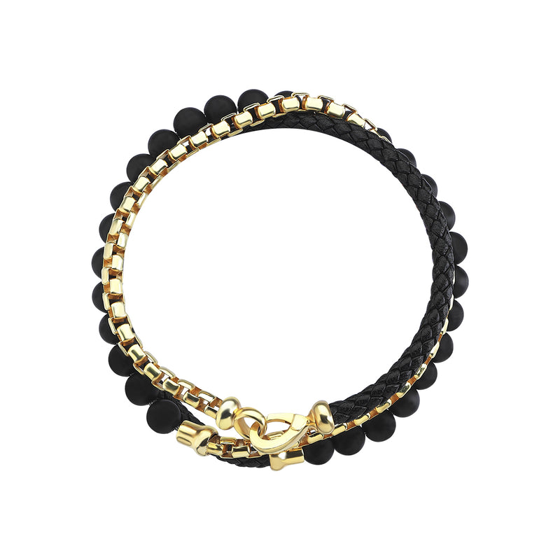 Men's Black Leather, Agate and Solid Silver Box Chain Wrap Bracelet - Yellow Gold
