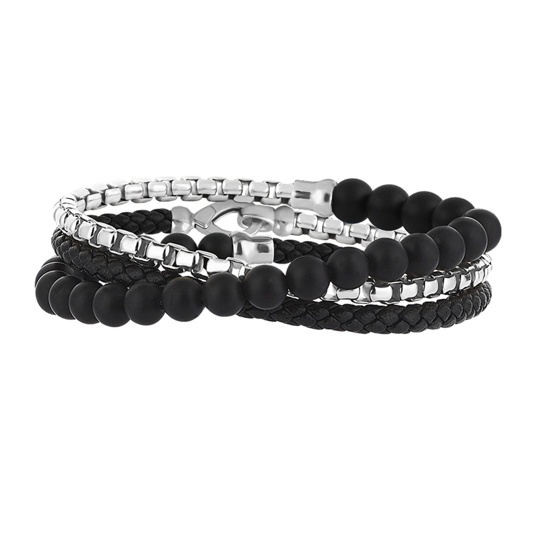 Men's Black Leather, Agate and Silver Box Chain Wrap Bracelet