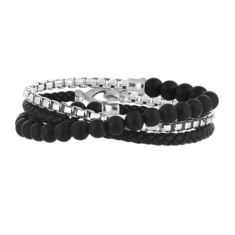 Men's Black Leather, Agate and Silver Box Chain Wrap Bracelet 