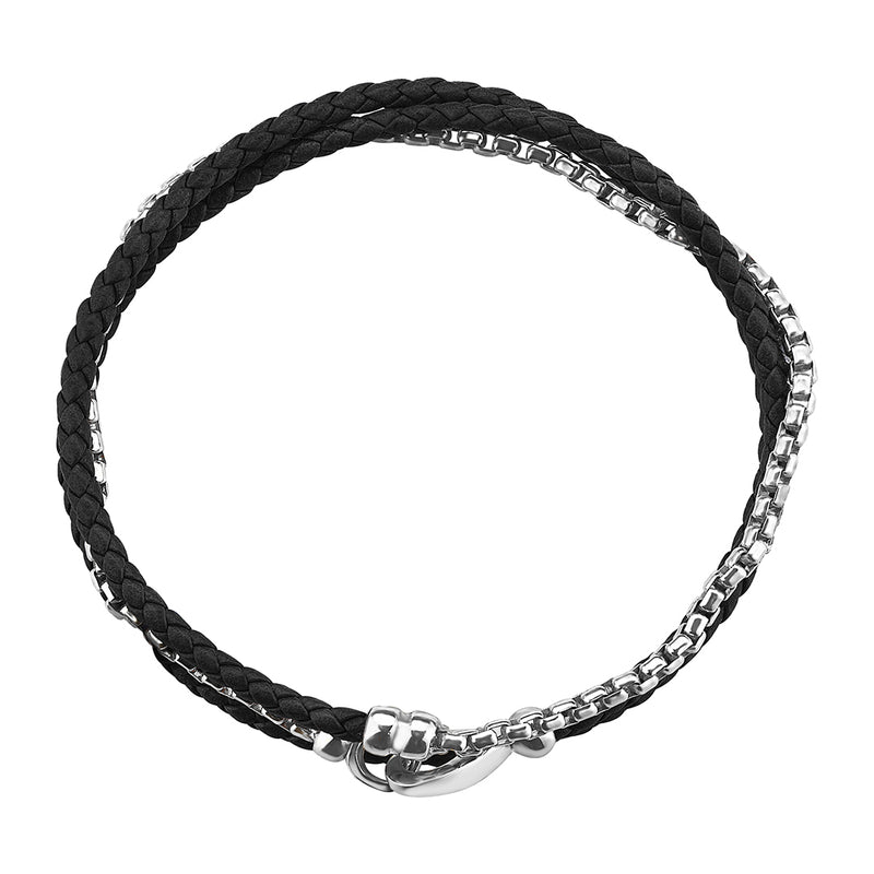Men's Black Braided Leather and Real White Gold Box Chain Bracelet