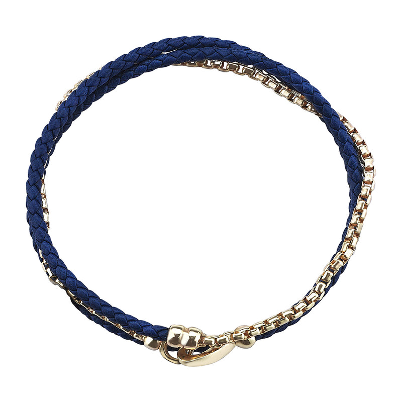 Men's Blue Braided Leather and Real Yellow Gold Box Chain Bracelet