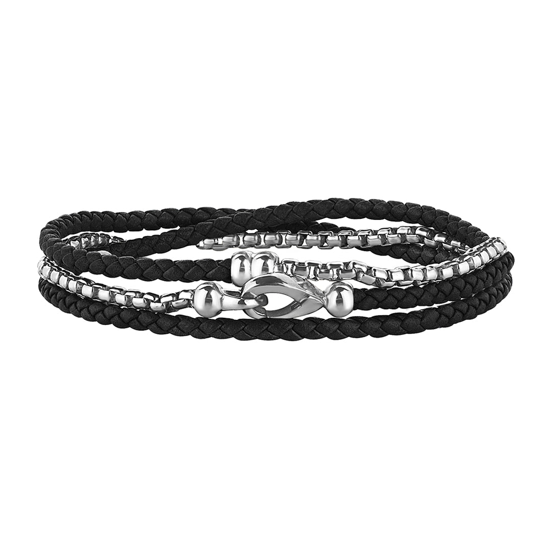 Men's Black Leather and Box Chain Bracelet in Solid Silver