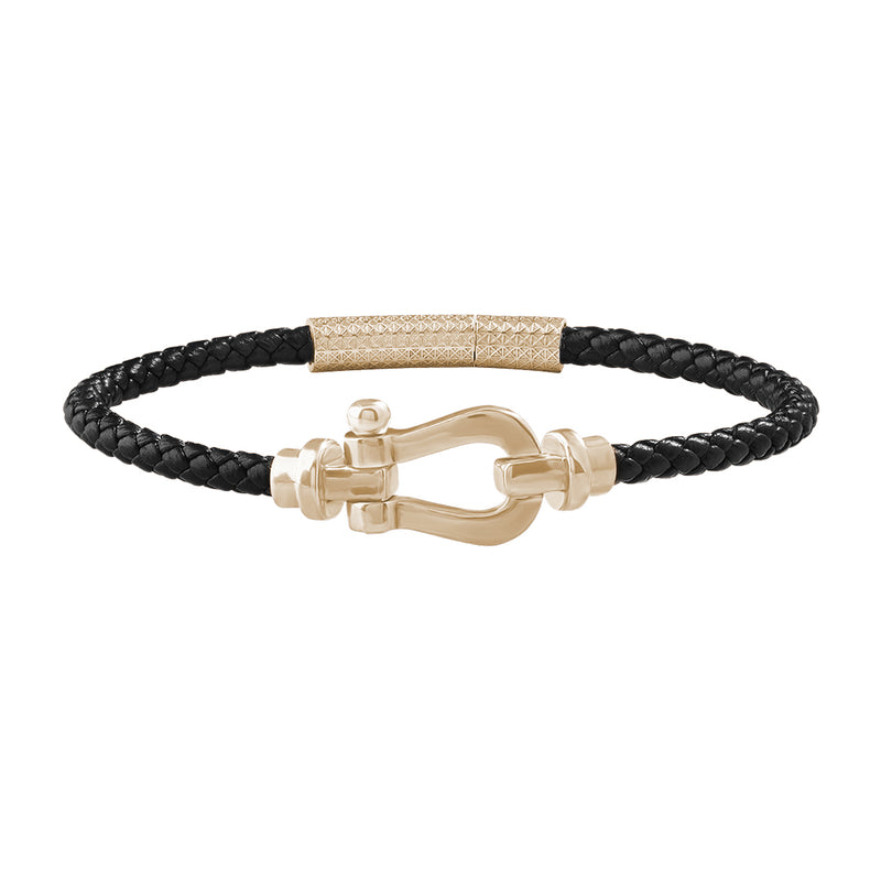 Real Yellow Gold Buckle Black Leather Bracelet