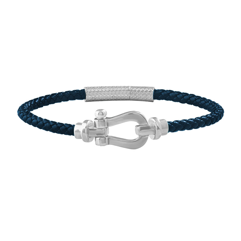 Real White Gold Buckle Navy Leather Bracelet