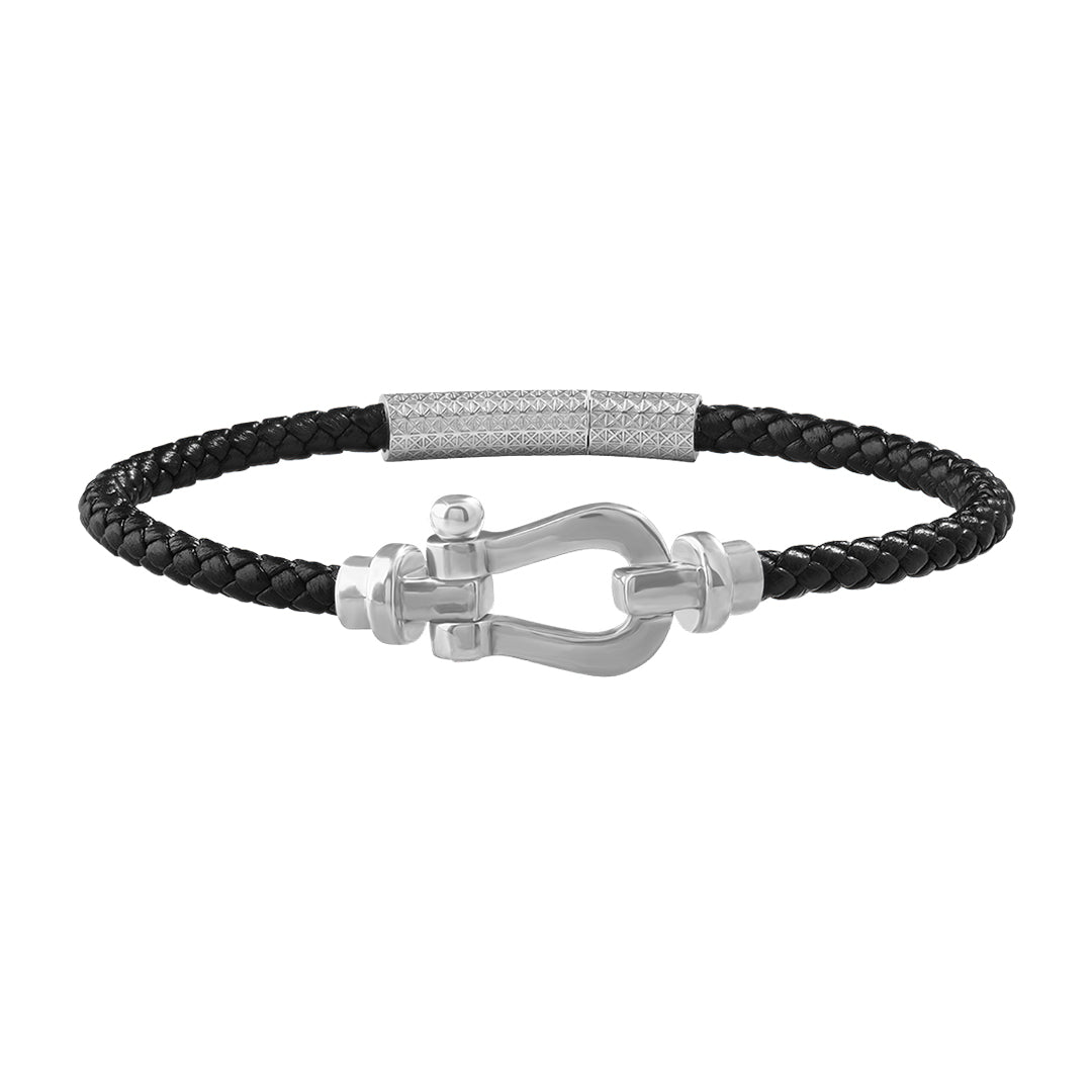925 Sterling Silver Buckle & Black Leather Bracelet for Men