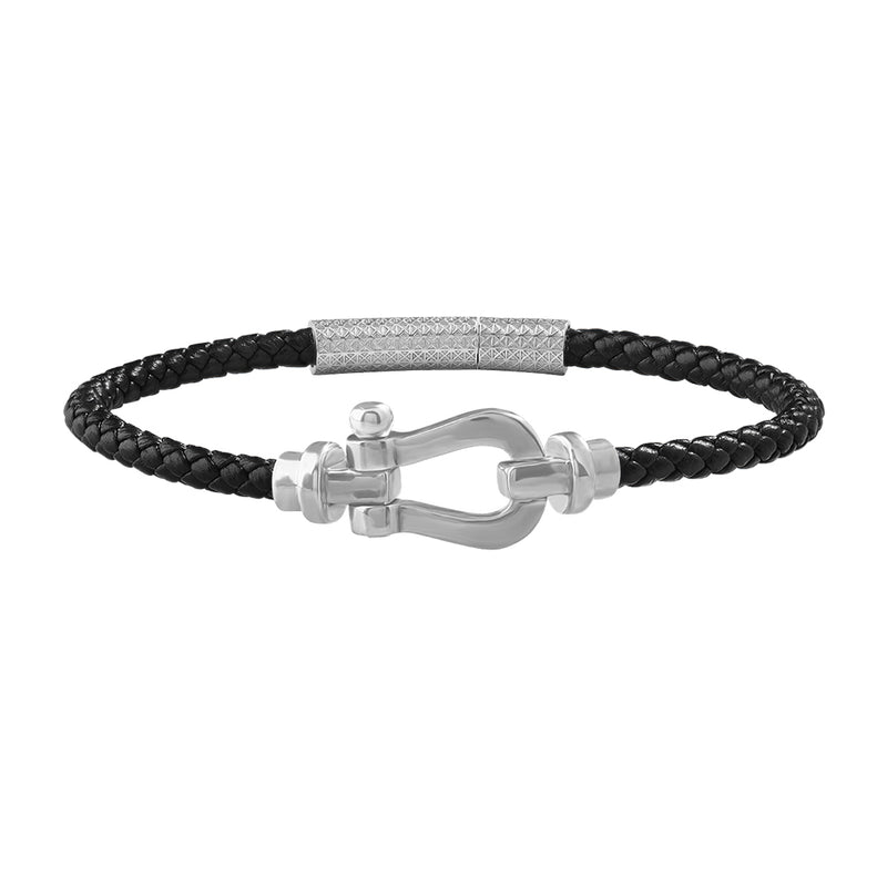 925 Sterling Silver Buckle & Black Leather Bracelet for Men