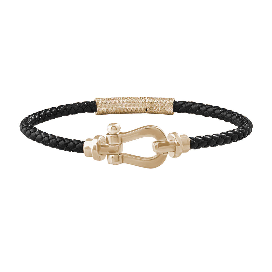 Sterling Silver Yellow Buckle & Black Leather Bracelet for Men