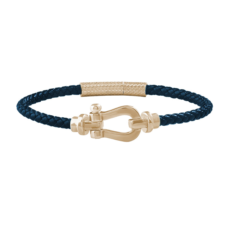 Real Yellow Gold Buckle Navy Leather Bracelet