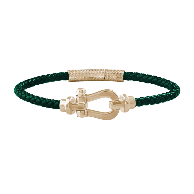 Sterling Silver Yellow Buckle & Green Leather Bracelet for Men