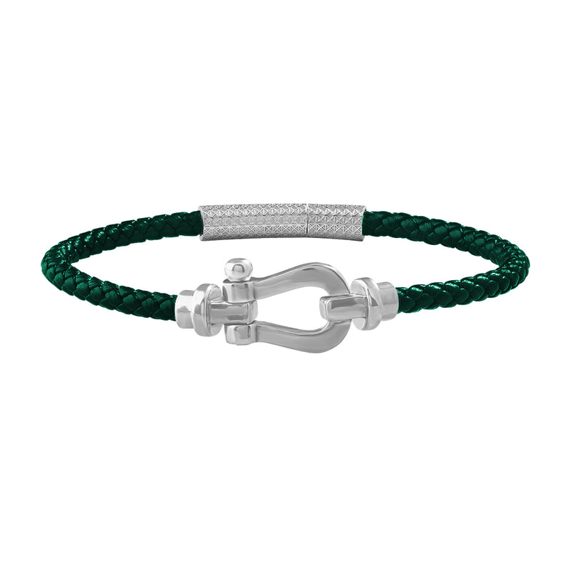 925 Sterling Silver Buckle & Dark Green Leather Bracelet for Men