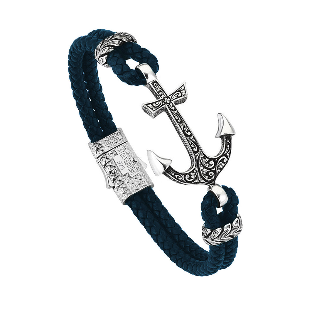 Classic Anchor Leather Bracelet - Solid Silver