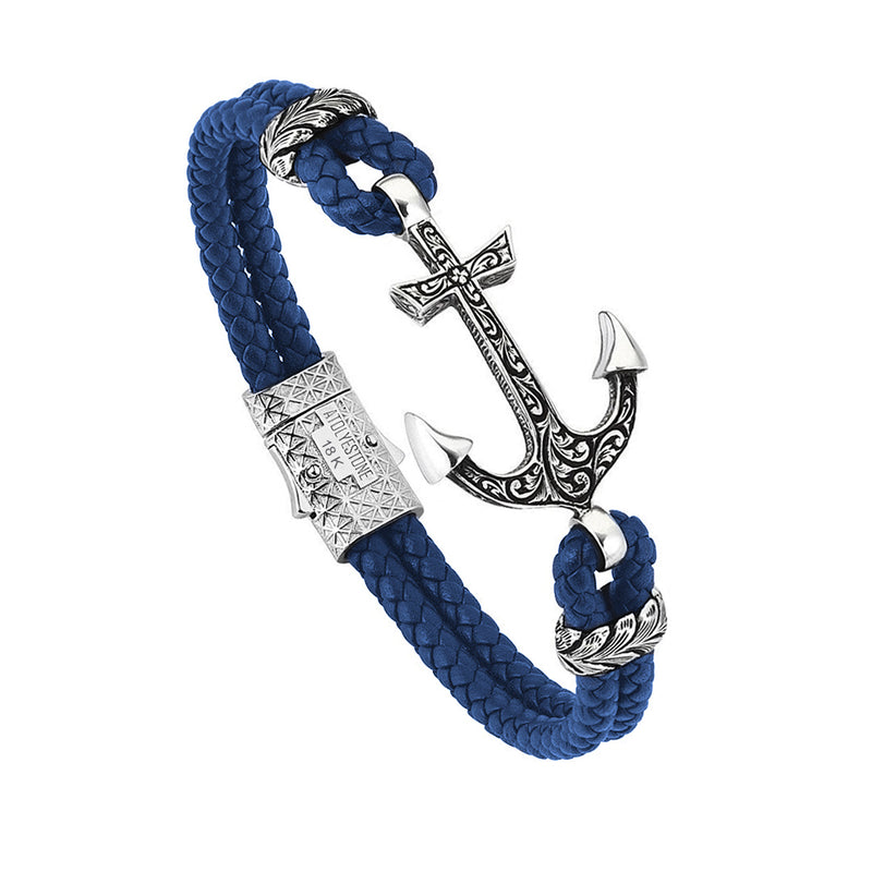 Mens Classic Anchor Leather Bracelet - Blue Leather - Solid White Gold