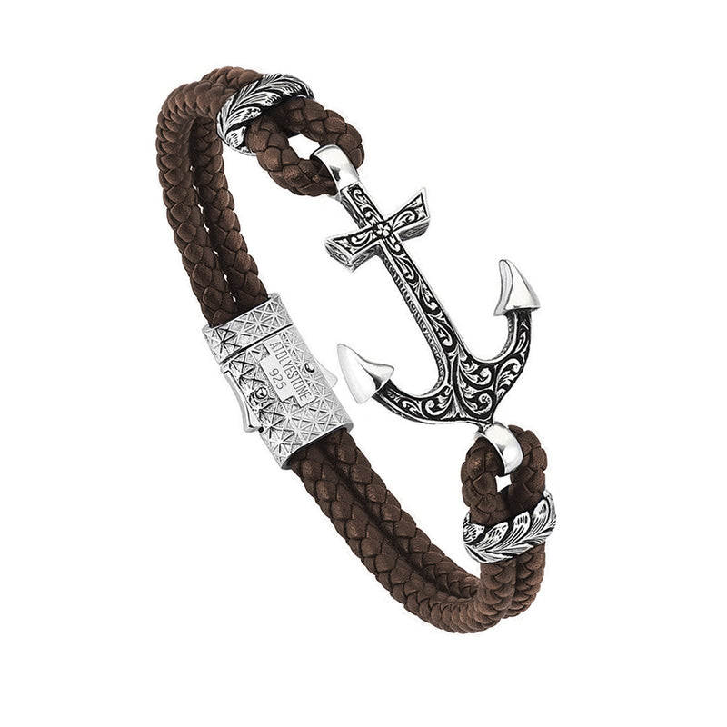 Classic Anchor Leather Bracelet - Solid Silver - Dark Brown Leather