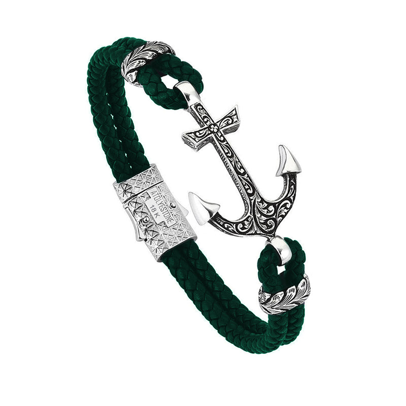 Mens Classic Anchor Leather Bracelet - Dark Green Leather - Solid White Gold