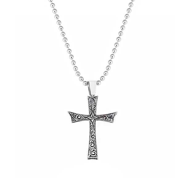 Classic Cross Necklace  - Carved Silver