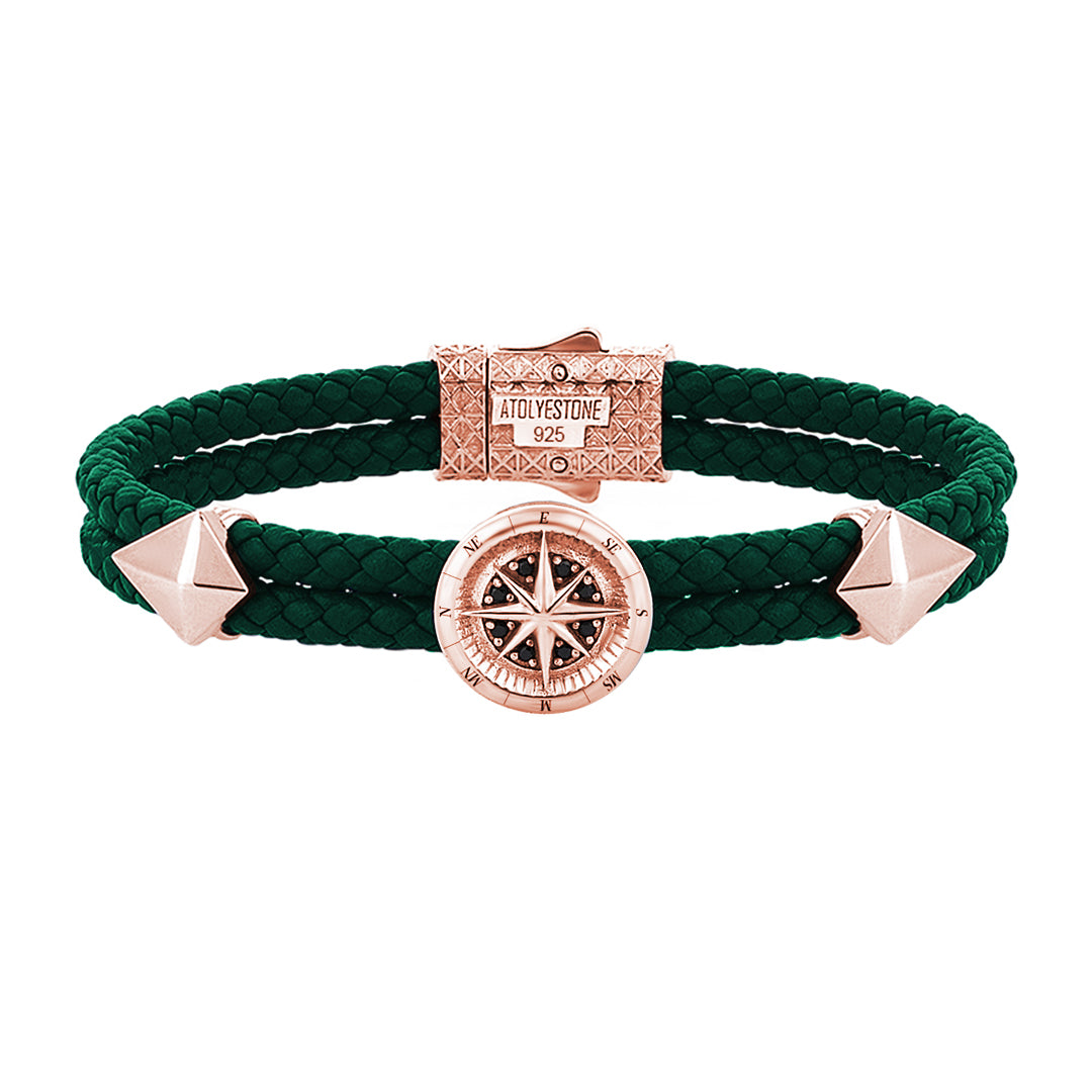 Mens Compass Leather Bracelet - Dark Green Leather - Rose Gold