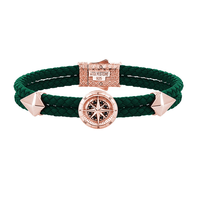 Mens Compass Leather Bracelet - Dark Green Leather - Rose Gold