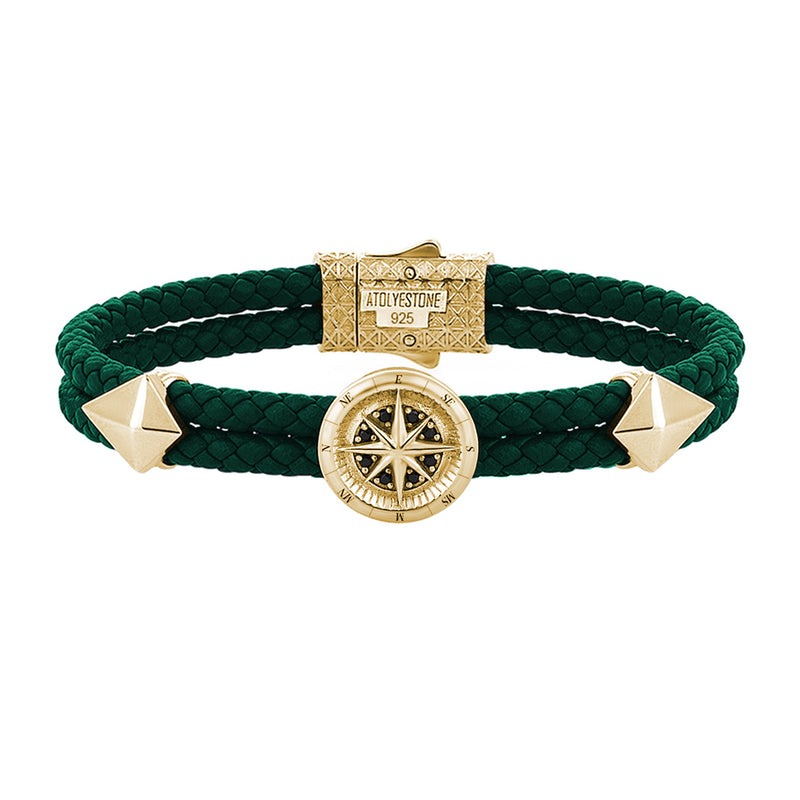Mens Compass Leather Bracelet - Dark Green Leather - Yellow Gold
