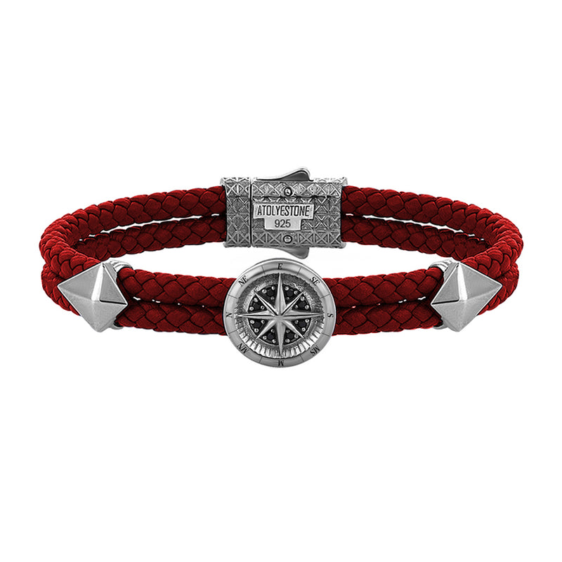 Mens Compass Leather Bracelet - Dark Red Leather - Gunmetal