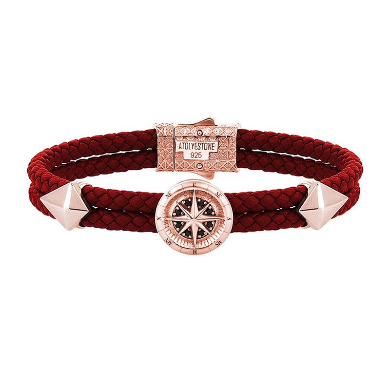 Mens Compass Leather Bracelet - Dark Red Leather - Rose Gold