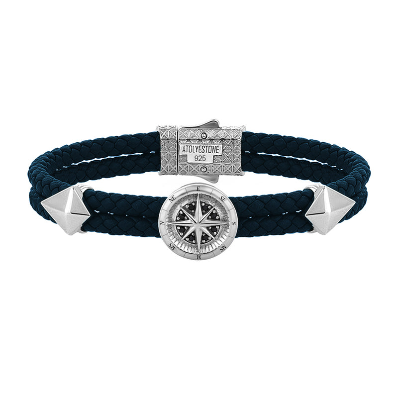 Compass Leather Bracelet - Silver - Navy Nappa