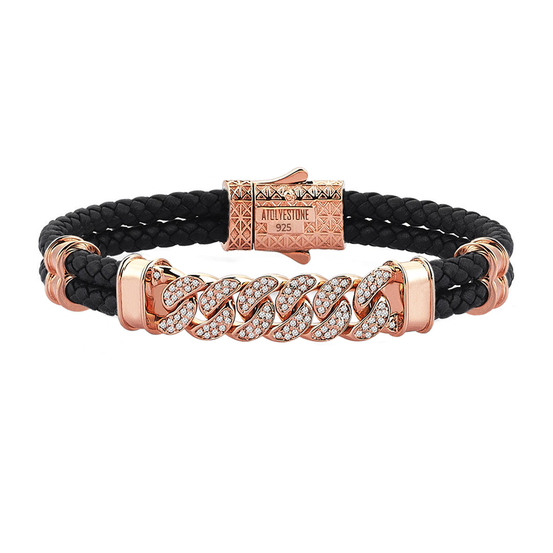 Mens Cuban Links Leather Bracelet - Black Leather - Rose Gold