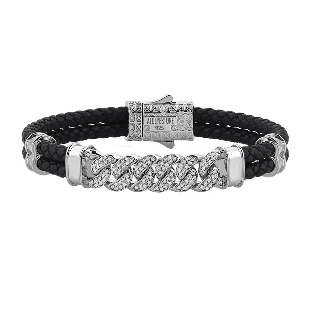 Mens Cuban Links Leather Bracelet - Black Leather - Silver