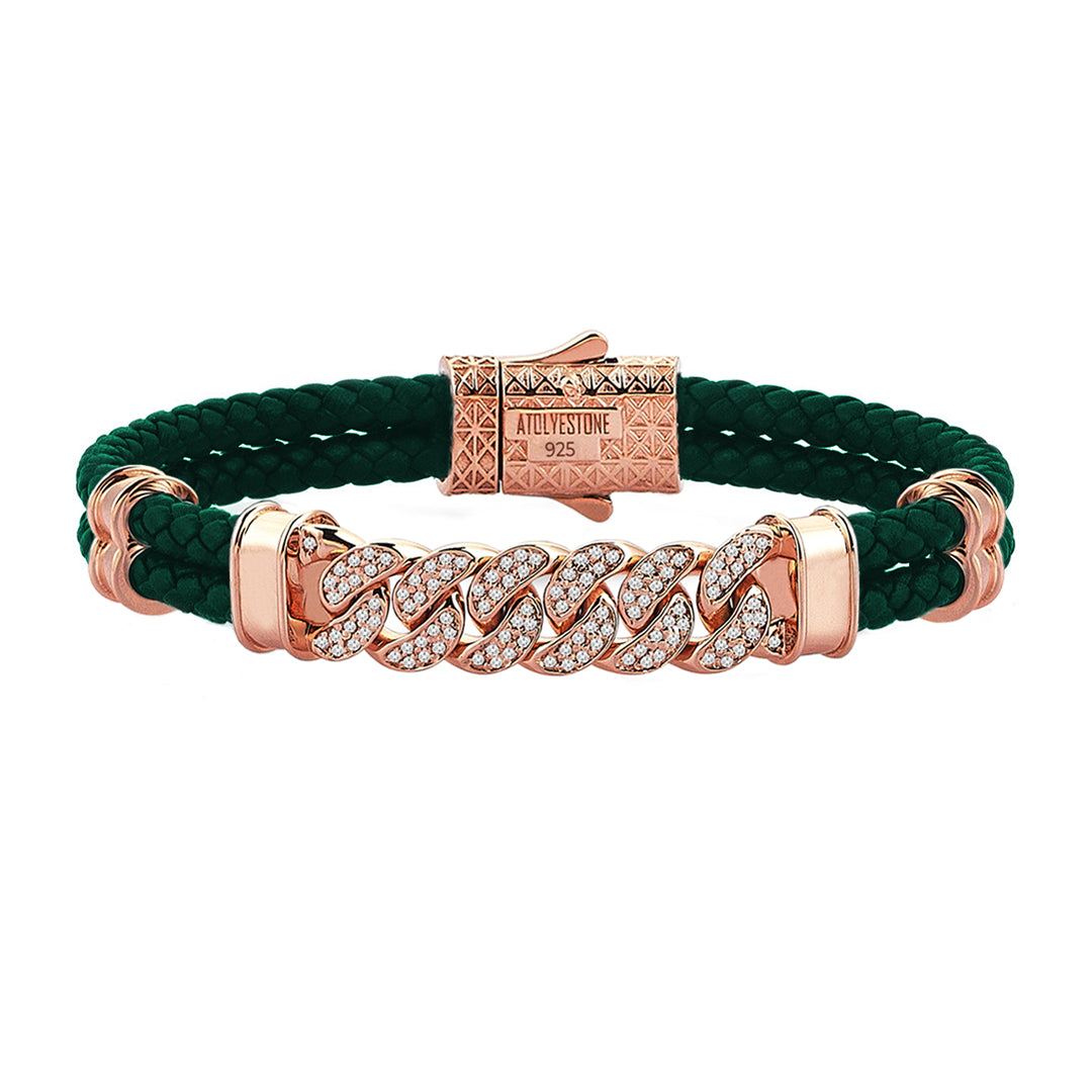 Mens Cuban Links Leather Bracelet - Dark Green Leather - Rose Gold