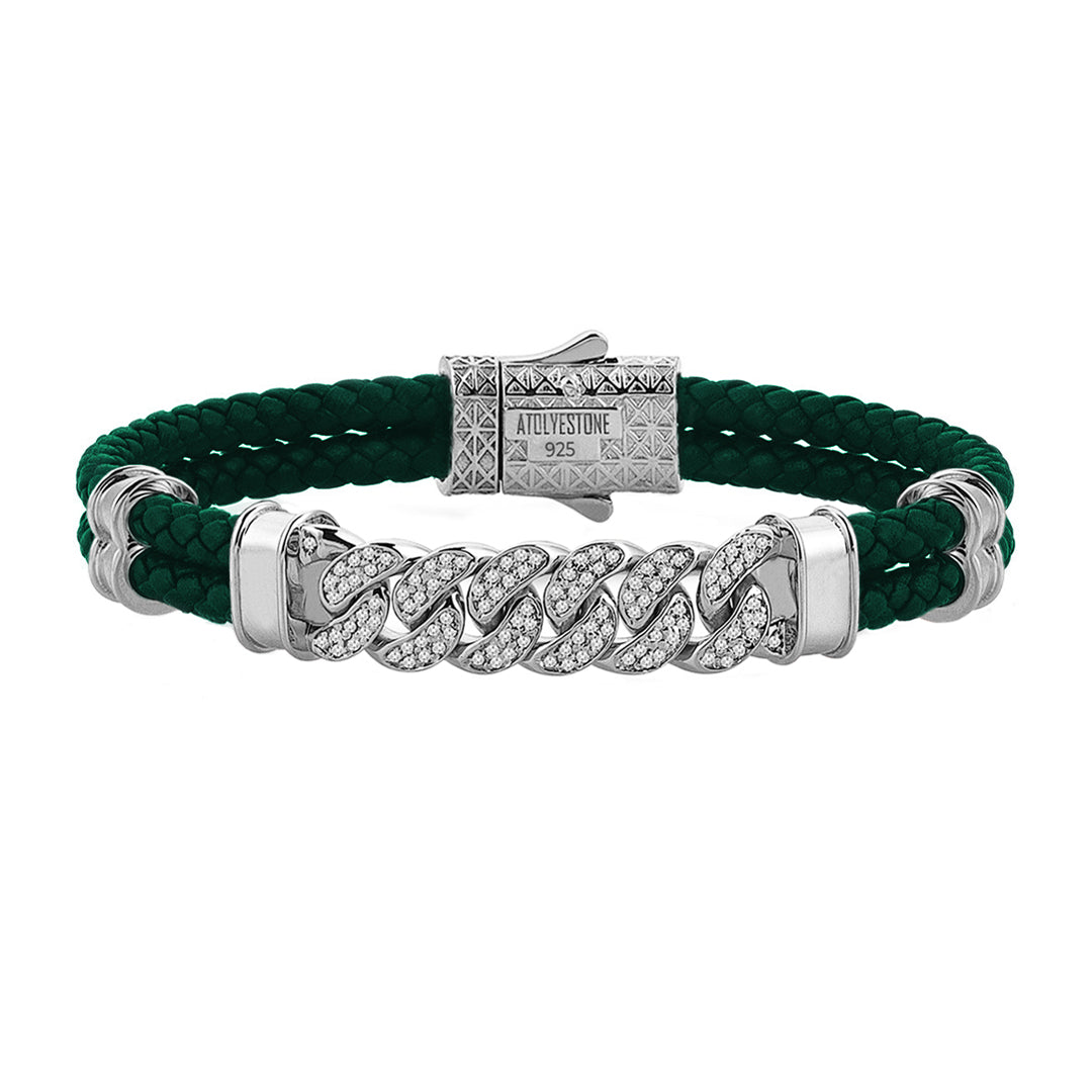 Mens Cuban Links Leather Bracelet - Dark Green Leather - Silver
