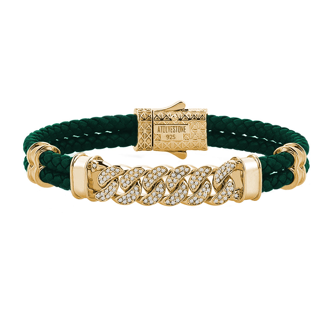 Mens Cuban Links Leather Bracelet - Dark Green Leather - Yellow Gold