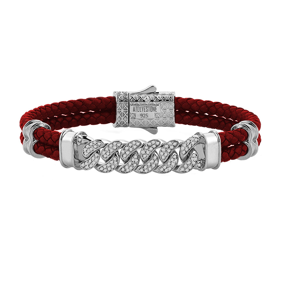 Mens Cuban Links Leather Bracelet - Dark Red Leather - Silver
