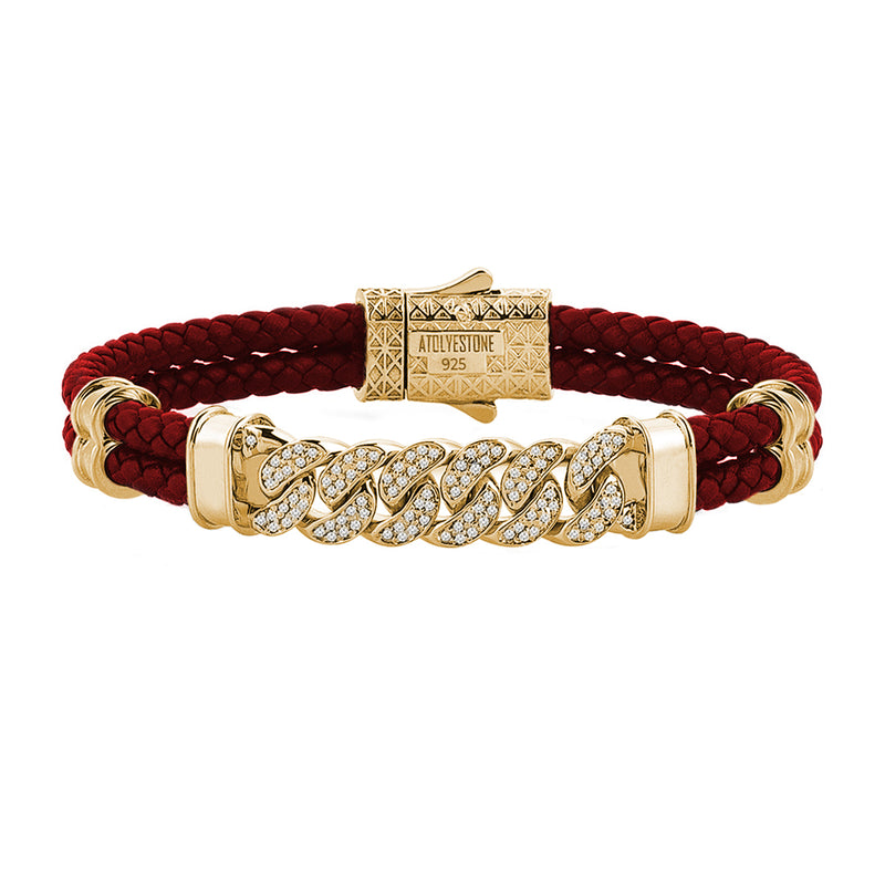 Mens Cuban Links Leather Bracelet - Dark Red Leather - Yellow Gold