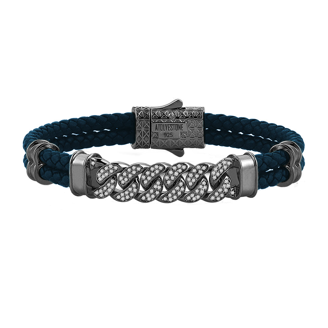 Mens Cuban Links Leather Bracelet - Navy Leather - Gunmetal