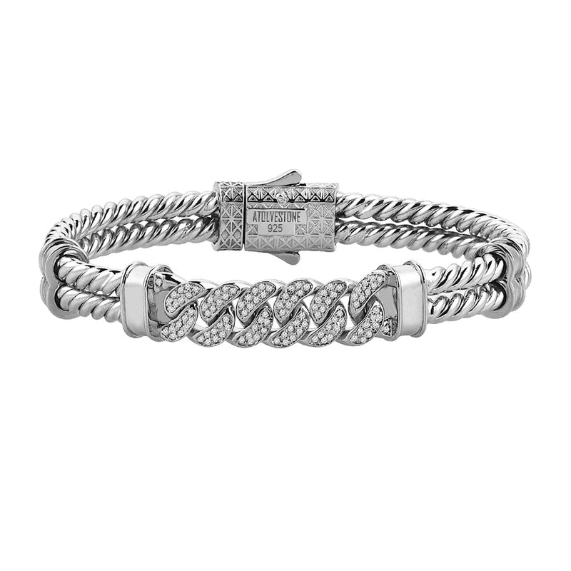 Mens Cuban Links Twıned Bangle - Solid Silver - White Gold