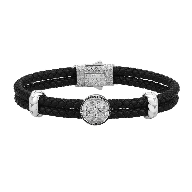 Men's 925 Sterling Silver Celtic Design Black Braided Leather Bracelet