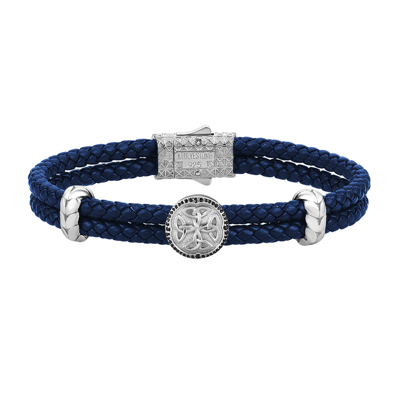 Men's 925 Solid Silver Celtic Design Blue Braided Leather Bracelet