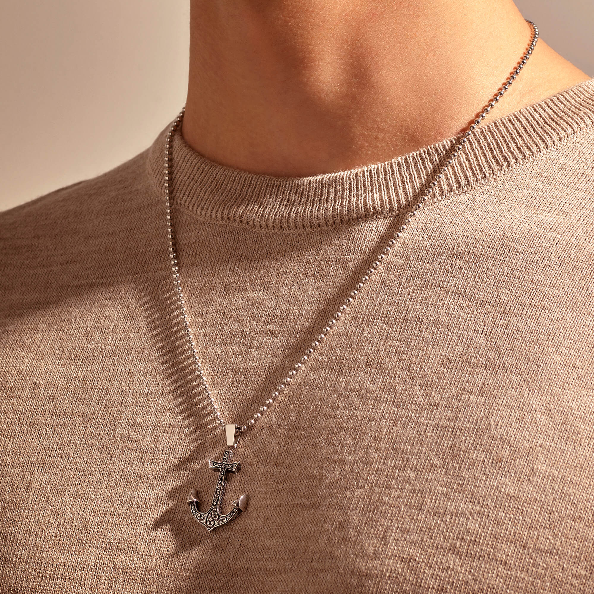 Classic Anchor Necklace - Carved Silver (Pendant only)
